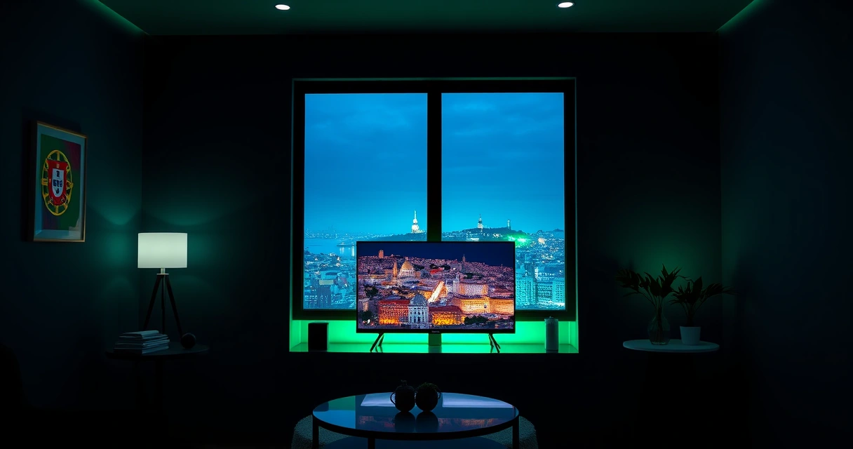 IPTV Portugal 2026 — sala portuguesa com Smart TV exibindo canais IPTV e vista de Lisboa